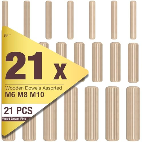 5Plus 21 Pcs Assorted Wooden Dowels – M6, M8, M10 Hard Wood Grooved Fluted Pins for Furniture, Woodworking, and Craft Projects (6mm, 8mm, 10mm)