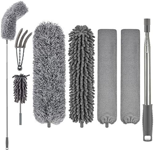 Staubwedel Teleskop Waschbar, Staubwedel lang ausziehbar bis 75-250 cm, FUUNSOO Staubwischer Biegbar Mit Teleskopstange Staubbesen (grau)