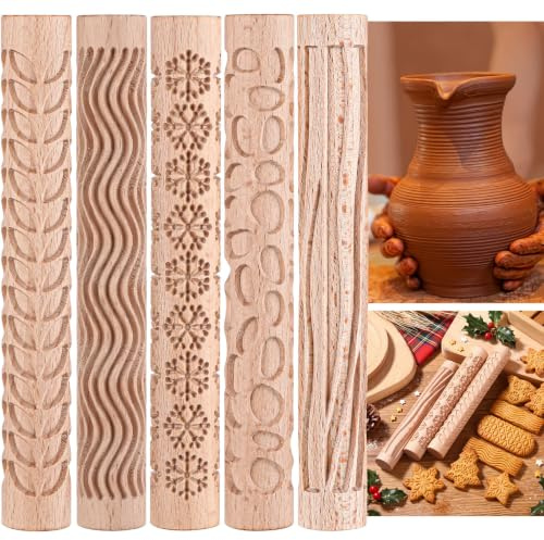 Yookeer 5 Pieces Christmas Pottery Tools Handmade Clay Roller Set Wooden Handle Clay Texture Roller Slab Roller Leaves Snowflake Pattern 5.9 Inch Clay Textured Rolling Pins for Ceramics