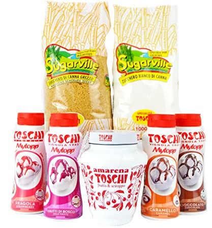PZ 1 BARATTOLO 510 GR DI AMARENE + 4 TOPPING MISTI GUSTI FRAGOLA, FRUTTI DI BOSCO, CARAMELLO E CIOCCOLATO + 1 BUSTA DI ZUCCHERO GREZZO + 1 BUSTA DI ZUCCHERO DI CANNA