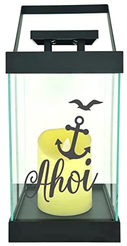 WB wohn trends Edle Glas-Laterne mit LED-Kerze, AHOI Anker Möwen maritim, Timer, 35cm hoch mit Bügel, 24,5x13x13cm, Batterie LED-Licht LED-Laterne LED-Lampe mit Text Spruch