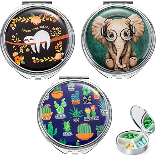 3 Stk Rund Pillendose Metall Mini Pillenetui Klein Reise kleine Pillenspender für Geldbörse 3 Fächer Pillendose mit Spiegel für Vitamine Medizin Tablet Organizer Case für Tägliche und Reise