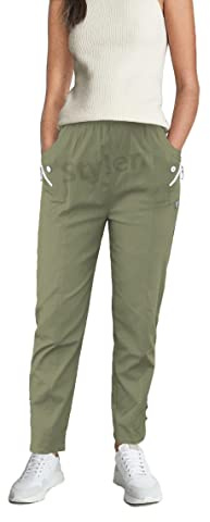 URBAN STITCH Trouser for Women UK Khaki Casual Full Length Elasticated High Waist Pants with Stretch Light Weight Summer Straight fit Ladies Bottoms (16, Khaki)