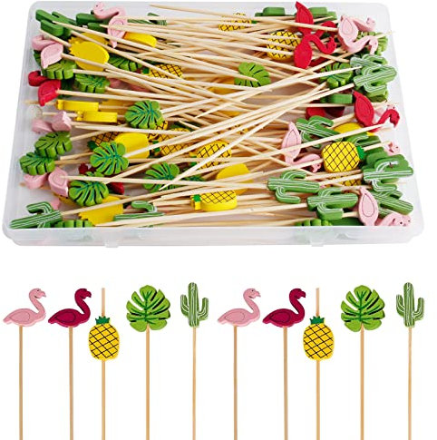 100 Stück Cocktailspieße, 12cm Fingerfood Spieße, Cocktail Sticks, Spieß Zahnstocher Aus Holz, Bambus Cocktailspieße Zahnstocher mit Niedlicher Deko für Party Geschenk Fasching Geburtstag Party