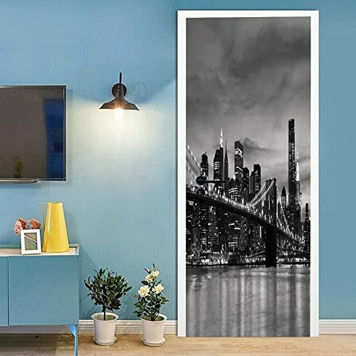 3D Türtapete Selbstklebend Bridge-Skyline-Nacht 80 X 200 Cm Türaufkleber Türposter Fototapete Türfolie Pvc Türbild Wasserdichte Abnehmbare Art Decals Kinderzimmer Wohnzimmer Schlafzimmer Küche Bad,