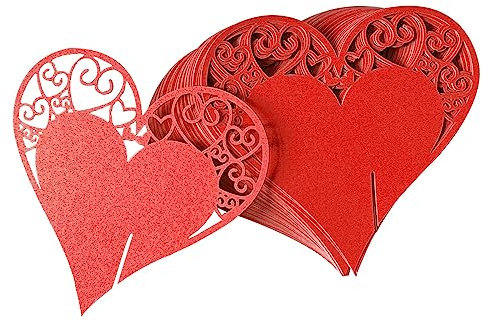 Fayemint 50 Piezas Rojo Tarjetas de Lugar Nombre, Forma de Corazón Detalle de Boda Etiquetas, Corazón Invitaciones Boda Copa Tarjetas, para Fiesta, Boda, Baile, Copa de Vino (Rojo)