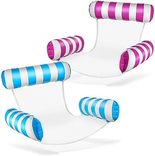 Balinco Luftmadrass pool, uppblåsbar fåtölj, vattenstol med ryggstöd och armstöd, simstol, poolstol, solstol, vatten relaxstol (ljusblå/vit + rosa/vit)