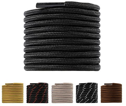 LARGERED Runde Schnürsenkel Schwarz für Stiefel Reißfest Ø 4mm Ersatz Schuhbänder für Arbeitsschuhe,Outdoorschuhe,Wanderschuhe Ersatz Boots Shoelaces für Herren Damen aus Polyester,Schwarz,150cm