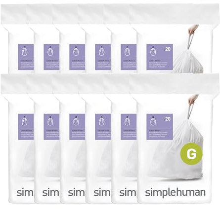 simplehuman Code G 240 Count, Genuine Custom Fit Liners, Drawstring Trash Bags in Dispenser Packs, 30 Liter/8 Gallon