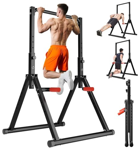 WATBKHE Power Tower Pull Up Dip Station Foldable, Pull Up Bar Station Adjustable, Multi-Function Home Gym, Strength Training Fitness Equipment, Support 450LBS