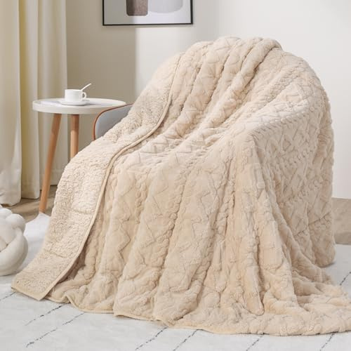 9 kg gewichtete Decke für Erwachsene, beidseitig kuschelige weiche Fleece-Bettdecke für den Winter, 3D-Jacquard-Kabelmuster warme gewichtete Decken mit Keramikperlen, Beige, 152 x 203 cm