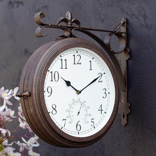 Primrose Outdoor Garden Station Clock with Thermometer Antique Bronze Double Sided 41cm