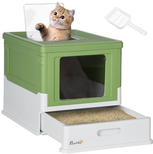 PawHut Hooded Cat Litter Box, Pet Toilet w/Scoop, Tray - Light Green | Foldable Hooded Litter Tray with Lid & Scoop, Easy Clean, Odour Control, Anti-Splashing, 2 Entrances
