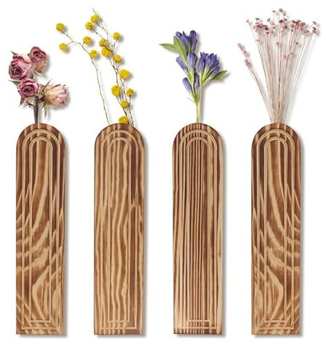 4 Stück Wandvase Holz Wand,Wandpflanzgefäße für Zimmerpflanzen,hängende Holz-Wandvase Dekoration für Schlafzimmer und Wohnzimmer,Taschenvasen für getrocknete Blumen