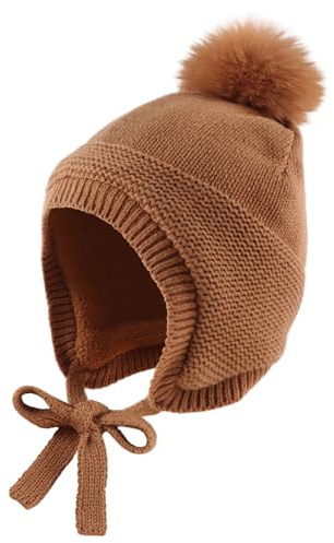 Baby vintermössa med öron varm babymössa baby flickor pojkar vinter baby mössa handskar öronlappar mössa med fleece, choklad hatt, 0-6 månader