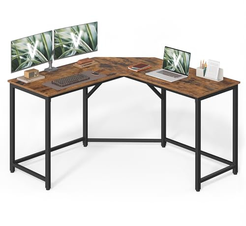 VASAGLE Escritorio de Esquina, Escritorio en Forma de L, 129 x 129 x 76 cm, Ahorra Espacio, Oficina en Casa, Juegos, Marrón Rústico y Negro Tinta LWD124K01