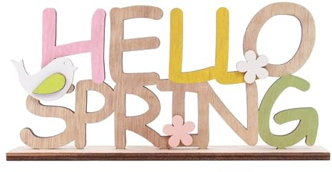 Garneck Hello Spring Holzdeko, Frühlings Schriftzug aus Holz zum Hinstellen | , Osterdeko Aufsteller für Tisch, Fensterbank und Wohnzimmer, Farbe Zufällig