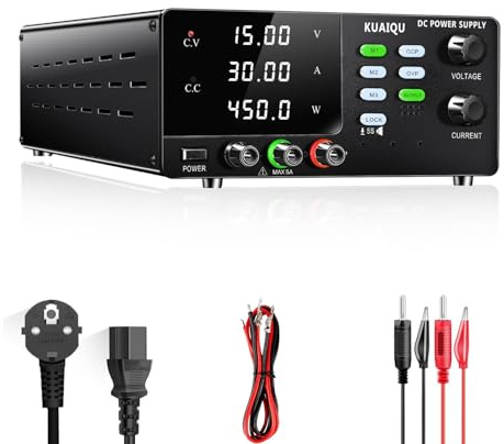 KUAIQU Fuente de alimentación Regulable de Potencia Alta 15V 30A 450W - con Interruptor de Salida, OCP y OVP, Función de Memoria, Perilla Codificadora, Pantalla LED de 4 Dígitos, Botón de Bloqueo