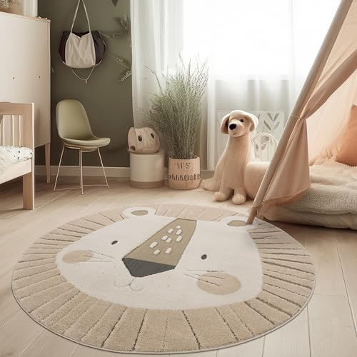 Paco Home Kinderzimmer Moderner Kinderteppich Robuster Spielteppich 3D-Effekt Naturtöne Weiche Schlingenstruktur Pflegeleichtes Löwen-Motiv, Grösse:160 cm Rund, Farbe:Creme (Löwe)
