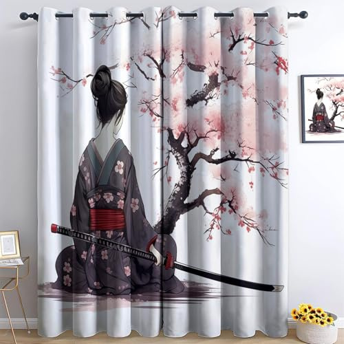 Tende Geisha giapponese Albero di ciliegio in fiore Tenda Oscurante 70L x 145A cm (2 Pannelli) Isolante Con Occhielli Per Camera Da Letto Tende Soggiorno Rosa