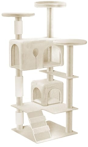 FIVMEN Katträd, stort 130 cm högt klösträd, kattklösträd, beige med klöspelare, kattgrotta, plattformar, trappa, kattmöbler, klätterträd för katter, 49 x 49 x 130 cm