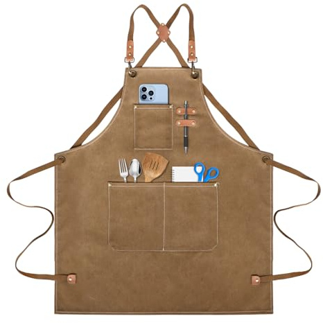 lompyeu Grillschürze für Männer,Kochschürze Wasserdicht Schürze mit 3 Taschen,Canvas Schürze,Denim Kochschürze,Kreuz-Rücken Design,Küchenschürze für Männer Damen Küche Restaurant Café (Braun)