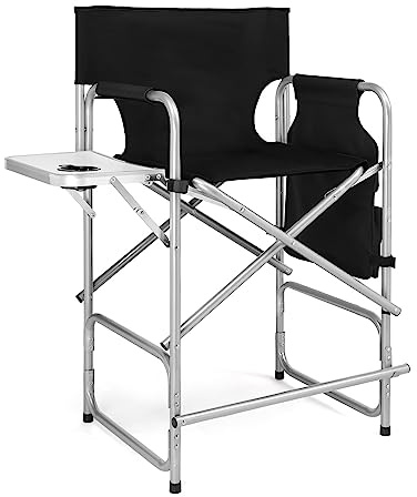 Bonnlo 66CM hoher Regiestuhl Klappbar 120 KG Belastbar mit 90° Faltbar Seitentisch Seitentasche und Fußstütze Campingstuhl Faltbar für Make-Up Fotostudio Outdoor-Drehs und Camping Schwarz