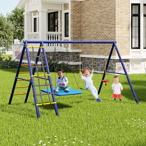 ZHPPED Schaukel Outdoor mit Gestell, Schaukelgestell Outdoor mit 3 Schaukeln, Gartenschaukel Kinder mit Klettergerüst und Basketballkorb, Schaukelgerüst, Antique Blue