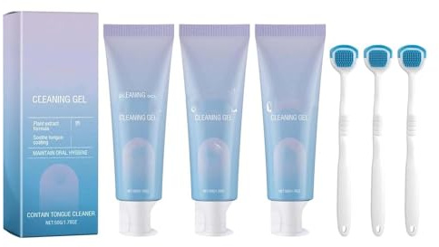 Tongue Cleaning Gel Bundle with Brush, Tongue Cleaning Gel Set, White Hairy Removal Kit, Mint Fresh Formula for Fresh Breath (50g, 3PC)