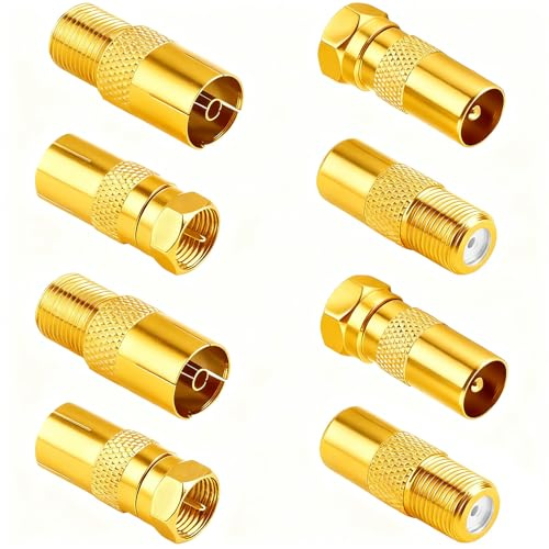Powice 8 Stücke Antenne Adapter als Set, Koaxialkabel Verbinder, Sat Kabel Verbinder, F Stecker Sat Kabel, Antennenstecker, TV Koaxial Stecker Kit für Satellitenkabel, Antennenkabel, Gold