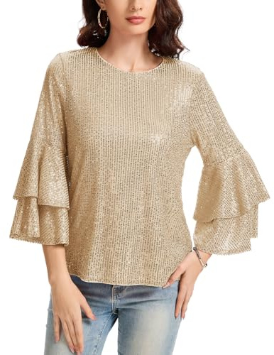 Kyzoeyou Damen Pailletten Oberteil Glitzer Tops Langarm Rundhals T-Shirt Bluse Cap Ärmel Freizeit Tunika Party Festival