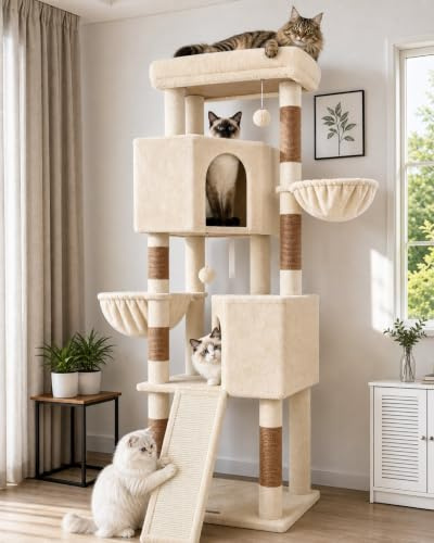 Globlazer S69B Kratzbaum Beige XL Stabil 180 cm für Große Main Coon Katzen | Katzenbaum grosse katzen stabil mit 2 Groß Katzenhaus, Kratzrampe Sisal, Groß Plattform, 2 Korb, für Ausruhen Spielen Kratze