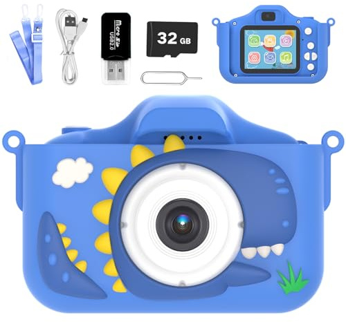 Kids Camera for 3-9 Year Old Boys Girls, Children Digital Camera with Cute Cartoon Soft Cover & 32GB SD Card, Best Christmas Birthday Gifts for Grandkids, Halloween Party Favors for Kids - Blue