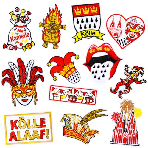 12 Stück Bügelbilder Karneval Köln - Köln Rot Weiß Bügelflicken Flicken zum Aufbügeln, Karneval Kostüm Accessoires Patches Kölner Aufnäher Bügelbild Fasching Bügelaufkleber für Kleidung, Hüte