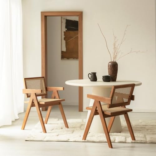 KLAST Pack 2 chaises de Salle à Manger Bois d'hévéa, rotin synthétique Couleur Noyer