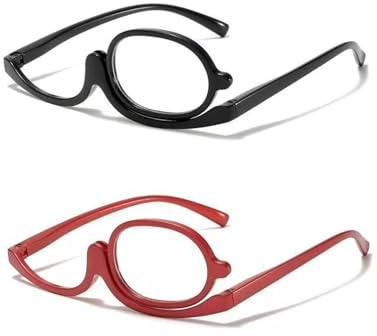SNMYGS 2 Pcs Makeup Reading Glasses, 180° Rotatable Flip-Down Magnifying Single Lens Cosmetic Readers, +2.50 & +3.50 Strength Magnifying Glasses for Makeup in Black and Red Colors