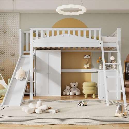 Litera Blanca 90x200 cmcon Tobogan Zona de Estudio y Almacenaje para Habitacion Compartida y Casa de Vacaciones Base de Cama con Escritorio y Armario de Madera Mueble de Dormitorio Somier
