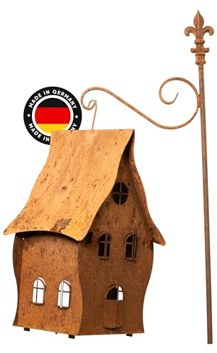 RustiCraft® Hexenhaus hängend (20x20x45cm) – wasserfest – Vogelhaus aus Metall im Rostdesign – mit von innen herausdrückbaren Fenstern & Türen – ideal als Futterstelle oder Deko – Handarbeit aus DE