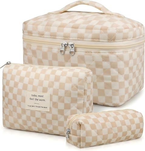 3er Set Kosmetiktasche, kulturtasche Damen mit Blumenmuster, Gesteppte kulturbeutel Make Up Tasche Reise, Tragbare Schminktasche Makeup Bag für Mädchen Frauen, Organizer Waschtasche