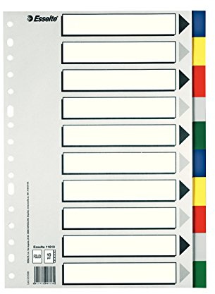 Esselte 11610 - Separadores de Plástico de Esselte, Material PP, Tamaño Folio, Gama ECO, 10 Pestañas, 5 Colores, Índice en Blanco y Negro, Multitaladro, Presentación en Bolsa Individual
