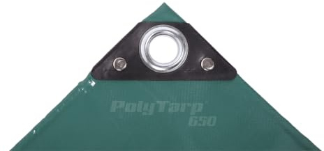PolyTarp 650 PVC-Abdeckplane (Farbe Grün, 1,5 x 6 m, 18 mm Messingösen alle ca. 50 cm, UV-stabil, 100% wasserdicht, reißfest, zum Abdecken von Hängern/Containern, Gewebeplane) 421506
