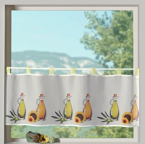 heimtexland ® Frühling Schlaufenbistro in gelb Öle mediterran hochwertiger Druck auf Voile in weiß Panneaux HxB 45x120cm Gardine Typ322