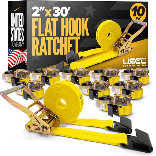 US Cargo Control 2 Inch Ratchet Straps Heavy Duty (10-Pack), 2 x 30' Flat Hook Ratchet Straps, 10,000 LBS Break Strength, Yellow Heavy Duty Tie Downs with Black Flat Hooks for Flatbed Trailers