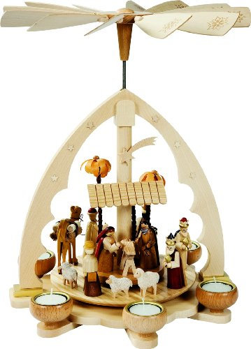 Richard Glässer Seiffen Pirámide de Navidad Nacimiento de Cristo, 40 cm. de Alto, Natural con Velas pequeñas, Orginal de los Montes Metálicos (Erzgebirge) Hecho por la Empresa Richard Glaesser del