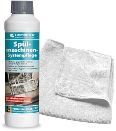HOTREGA Spülmaschinenreiniger 250ml | Systempflege + Microfasertuch | Löst Kalk, Fett, Schmutz | Schutz für Dichtungen & Metall | Reiniger Konzentrat zur intensiven Maschinenpflege