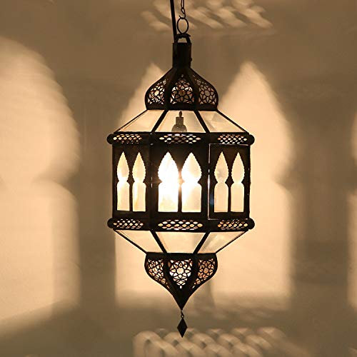 Lampe á suspension orientale Marocaine artisanat en prevenance du Maroc Lanterne Biban transparent Hauteur (avec suspension): 50 cm Diamètre: 28 cm L1805 Casa-Moro
