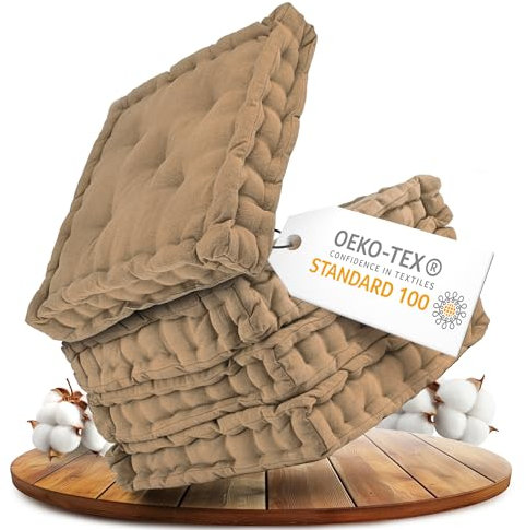 Gräfenstayn® 4er-Set Sitzkissen Stuhlkissen 40x40x8cm für Indoor und Outdoor aus 100% Baumwolle Dicke Polsterung Steppkissen/Bodenkissen (Beige)