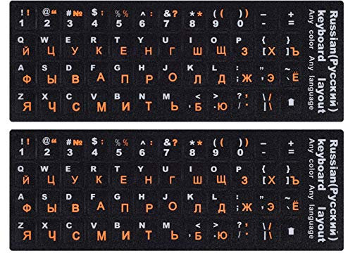 (2PCS Pack) Russian Keyboard Stickers, Computer Keyboard Stickers Orange Lettering with Black Background for PC Computer Laptop Notebook Desktop(Russian-Orange)