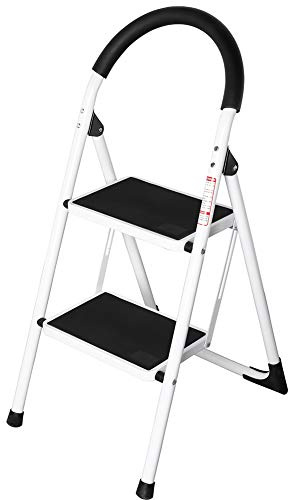Bakaji échelle escabeau pliable gain de place avec marches antidérapant et barre d'appui de sécurité Tabouret escabeau structure en acier et revêtement en caoutchouc Charge maximale 150 kg