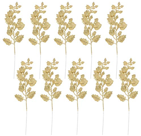 10 Pcs Chinois Glitter Feuilles Pics Sprays Feuilles De Houx Artificielles Pics Tiges Filaire Brindille Tige Faux Bouquet pour DIY Guirlande De Guirlande Ornement (Doré)